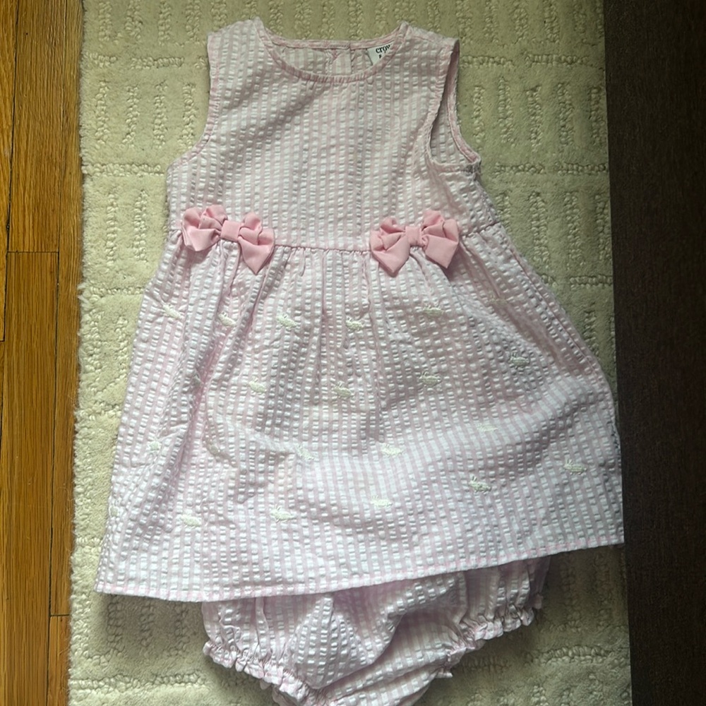 Pink seersucker with bows and bunnies dress and bloomers. Crown and Ivy 24m